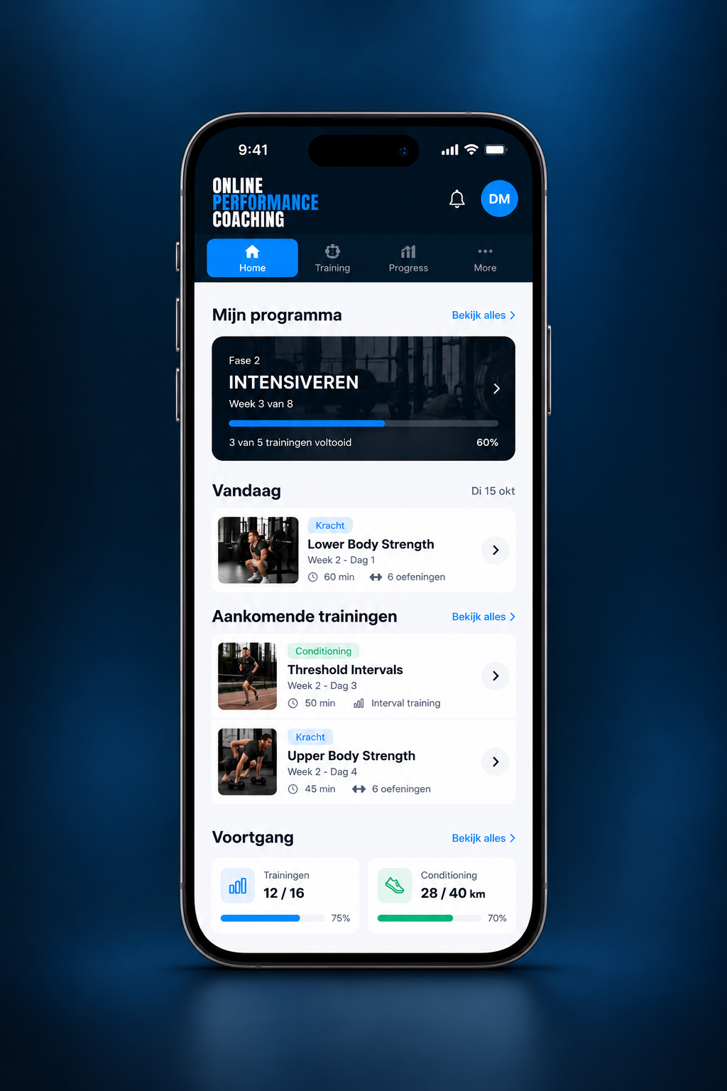OPC client coaching app on mobile with personal training programme and progress tracking